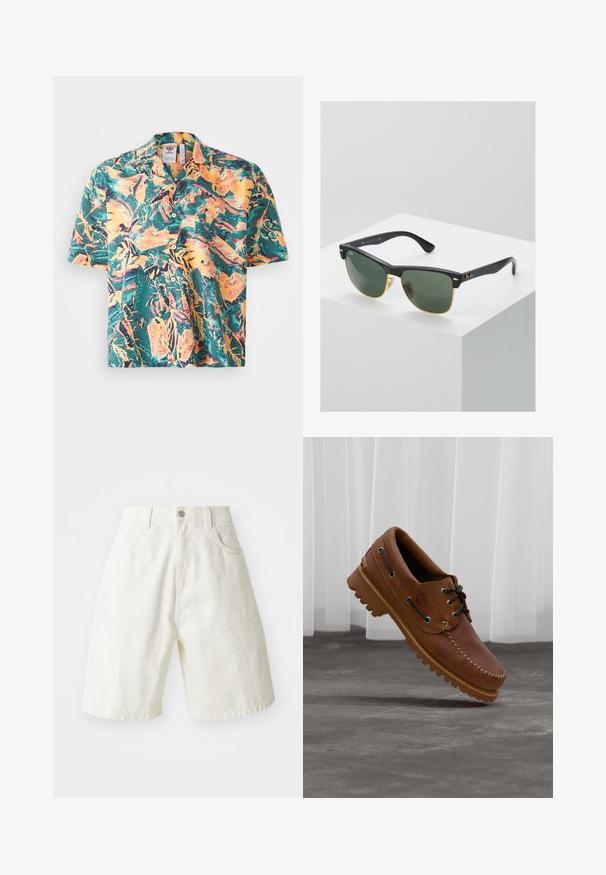 Camisa de manga corta con un vibrante estampado tropical que presenta tonos verdes, naranjas y amarillos. Cuello clásico con cierre de botones y un corte relajado.; Pantalones cortos de mezclilla blanca con un ajuste relajado, que cuentan con cinturilla, cinco bolsillos y piernas rectas. La tela tiene una ligera textura.; Zapato náutico de cuero marrón con cordones negros, costuras beige y una suela resistente, suspendido sobre un suelo de hormigón gris.; Gafas de sol Ray-Ban con lentes verdes, montura de plástico negro y acentos dorados en los bordes. Forma cuadrada con acabado mate.