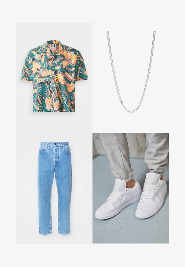 Kortærmet skjorte i et livligt tropisk mønster med grønt, orange og gult. Klassisk krave med knaplukning foran og en afslappet pasform.; Lyseblå denimjeans har en lige ben-design, fem lommer og en klassisk knaplukning i taljen.; Hvide lædersneakers har en perforeret tåboks, flade snørebånd, polstret krave og Jordan-logoet på tungen. Båret med grå joggers.; Sølv kædedesign med sammenkoblede led, glat tekstur og ensartet rektangulær form. Sikker lukning.