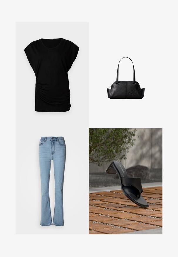 Haut noir à manches courtes avec un col rond. Il est confectionné dans un tissu doux et extensible avec des fronces sur les côtés pour un look ajusté. Texture lisse, forme décontractée.; Jean en denim bleu clair avec taille haute, jambes droites et détail d'ourlet fendu aux chevilles. Comprend cinq poches et une fermeture à boutons.; Sandale à talon noire Calvin Klein avec boucle pour l’orteil, posée sur un sol en carreaux de bois en extérieur, près d’un arbre et d’un mur en pierre.; Sac d'épaule en cuir noir avec deux poignées et logo Calvin Klein embossé à l'avant, fermeture éclair et côtés légèrement évasés.