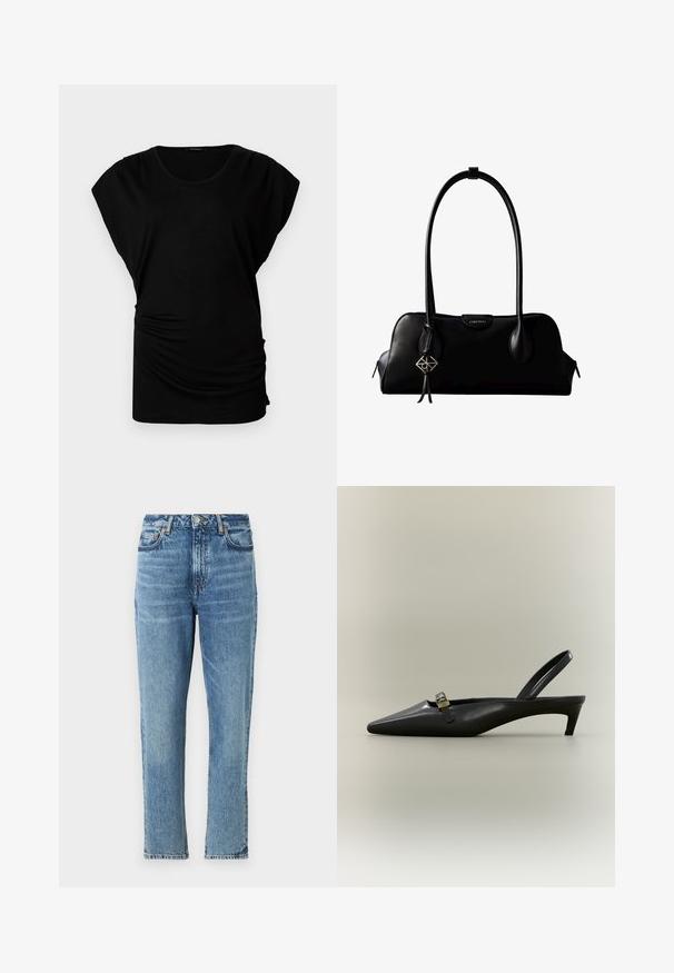 Sort kortærmet top med rund halsudskæring. Har blødt, strækbart stof med sidesyninger for et tætsiddende look. Glat tekstur, afslappet form.; Lyseblå denimjeans med høj talje, lige ben og slidt tekstur. Udstyret med sølvhardware og kontrasterende syninger.; Sort læder slingback med kitten heel, spids tå og lille guldfarvet spænde på en ensfarvet baggrund.; Sort lædertaske fra Calvin Klein med lange håndtag, en forside-logo-tag og en sølv geometrisk vedhæng, der hænger fra det ene håndtag.
