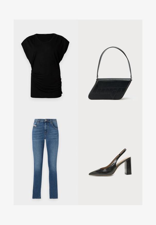 Sort kortærmet top med rund halsudskæring. Har blødt, strækbart stof med sidesyninger for et tætsiddende look. Glat tekstur, afslappet form.; Blå denim jeans med lige pasform, fem-lomme design, knaplukning og diskret falming. Glat tekstur og ren kant.; Sort læder peep-toe slingback sko med høj blokhæl og beige indvendig foring mod en ensfarvet lys baggrund.; Sort skuldertaske i læder med trekantet form, præget logo og en enkelt justerbar rem. Minimalistisk design med glat tekstur.