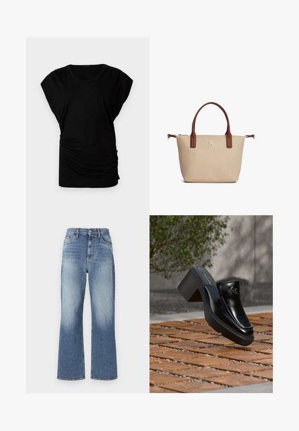 Sort kortærmet top med rund halsudskæring. Har blødt, strækbart stof med sidesyninger for et tætsiddende look. Glat tekstur, afslappet form.; Lyseblå denim bukser med brede ben og høj talje, med forlommer og subtil fading; lige afslutning med opsmøg. Ingen synlige dekorationer.; Sort læder Calvin Klein slip-on mule med blokhæl, der hviler på trætøj udendørs nær en grøn plante og en grå væg.; Beige mulepose med brune håndtag, lille guldlogo centreret under håndtagene og lynlås lukning øverst.