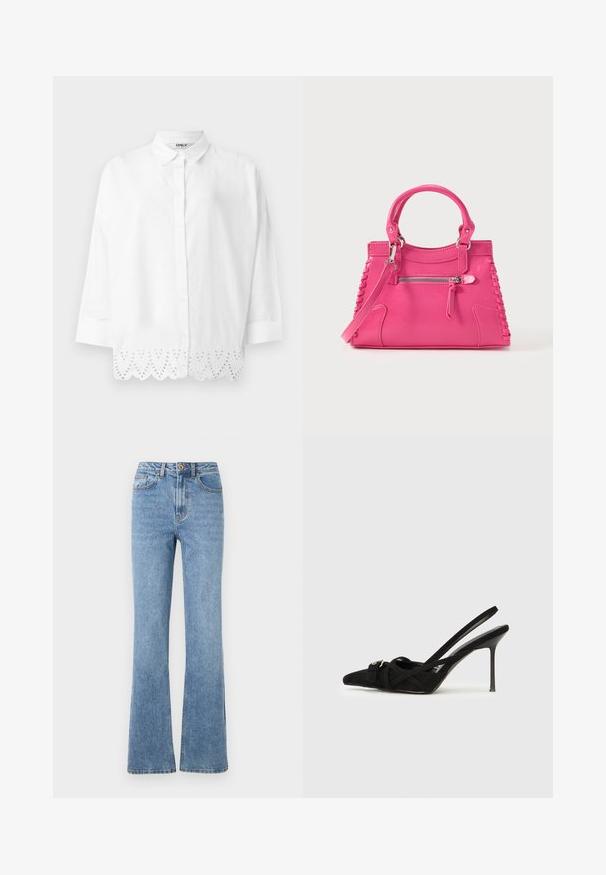 Blouse blanche à manches longues avec boutons sur le devant, col et détails en dentelle à jours le long de l'ourlet festonné.; Jean en denim bleu clair avec un design à jambe évasée, taille haute et quincaillerie minimale. Présente un style classique à cinq poches et une couture discrète.; Escarpins à bout pointu en daim noir avec bride arrière, lanières croisées et talon aiguille fin, ornés d'un détail argenté.; Sac à main en cuir rose avec deux poignées, laçage décoratif sur les côtés et une poche zippée à l'avant. Texture lisse, forme structurée.