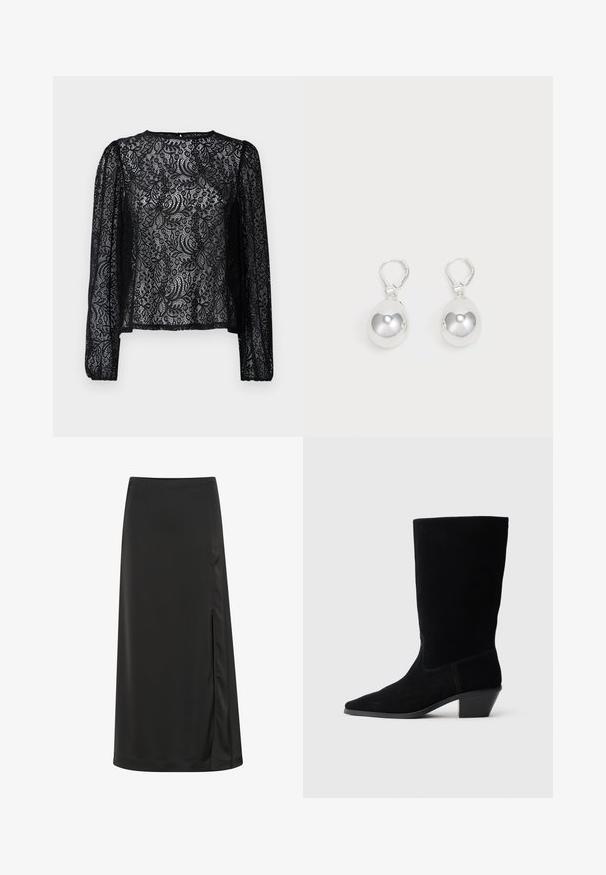 Blouse en dentelle noire à manches longues avec un motif floral, un col rond et une coupe légèrement ample avec des poignets élastiques.; Jupe midi noire en tissu lisse, dotée d'un fente sur le côté et d'une taille structurée. Design simple et épuré, sans motifs ni accents visibles.; Bottine en daim noir avec un bout pointu, tige de hauteur moyenne et un talon épais. Présente des coutures minimales et une texture lisse.; Boucles d'oreilles en argent en forme de goutte avec des surfaces lisses, rondes et réfléchissantes, suspendues à des fermoirs à ressort. L'arrière-plan est blanc uni.