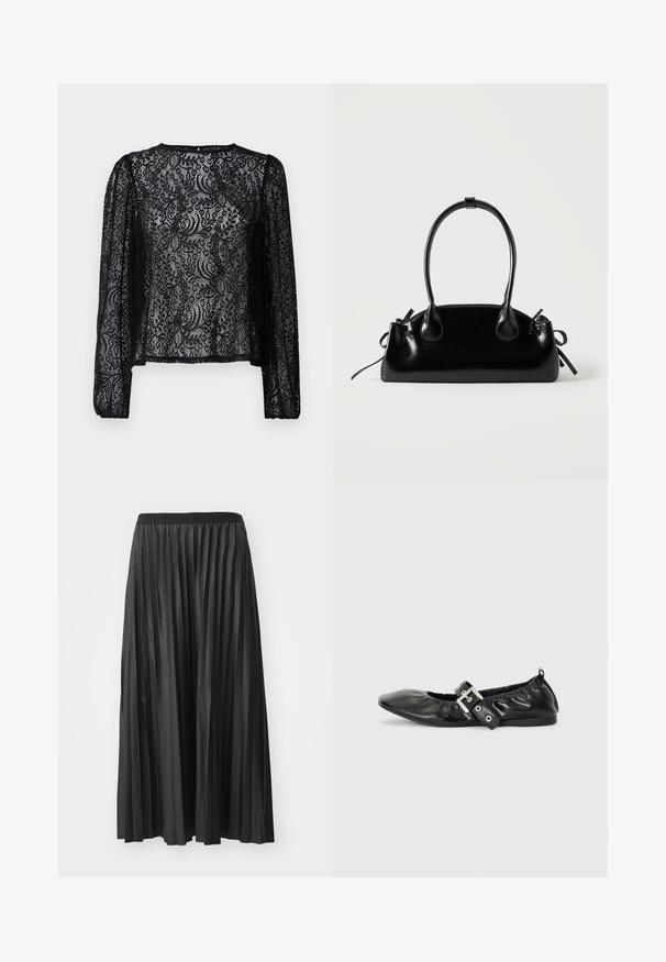 Zwarte kant blouse met lange mouwen, gekenmerkt door een bloemenpatroon, ronde halslijn en een iets losse pasvorm met elastische manchetten.; Zwarte geplisseerde maxi rok met een gladde textuur en een elastische tailleband, met verticale plooien die volume en beweging creëren.; Zwarte leren platte schoen met een spitse neus, geplooide details rond de opening en een zilveren gespaccentueerde verstelbare band.; Kleine zwarte glanzende handtas met twee lange hengsels en zijkant trekkoord details op een effen lichte achtergrond.