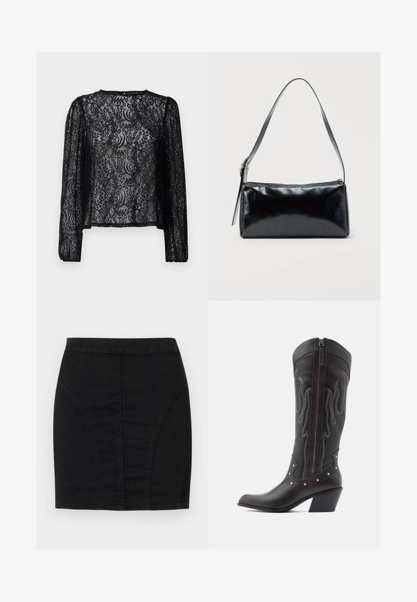 Blouse en dentelle noire à manches longues avec un motif floral, un col rond et une coupe légèrement ample avec des poignets élastiques.; Mini-jupe en denim noir avec un design ajusté, des panneaux structurés et des coutures visibles pour un détail accentué. Texture lisse et silhouette épurée.; Bottes de cowboy en cuir marron avec surpiqûres en forme de flammes, fermeture éclair latérale, clous argentés, bout pointu et talon superposé.; Sac d'épaule rectangulaire noir avec une sangle réglable unique et une fermeture éclair supérieure sur un fond uni.