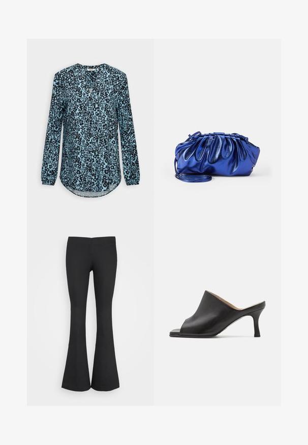 Blå bluse med lange ærmer med sort blomsterprint, V-hals og knapper foran.; Monki Bukser - black; Selected ASHLEY - Mules med hæl - black; Metallic blå clutchtaske med plisseret design og en skulderrem. Den glatte tekstur og de sammensnørede detaljer fremhæver dens unikke form.