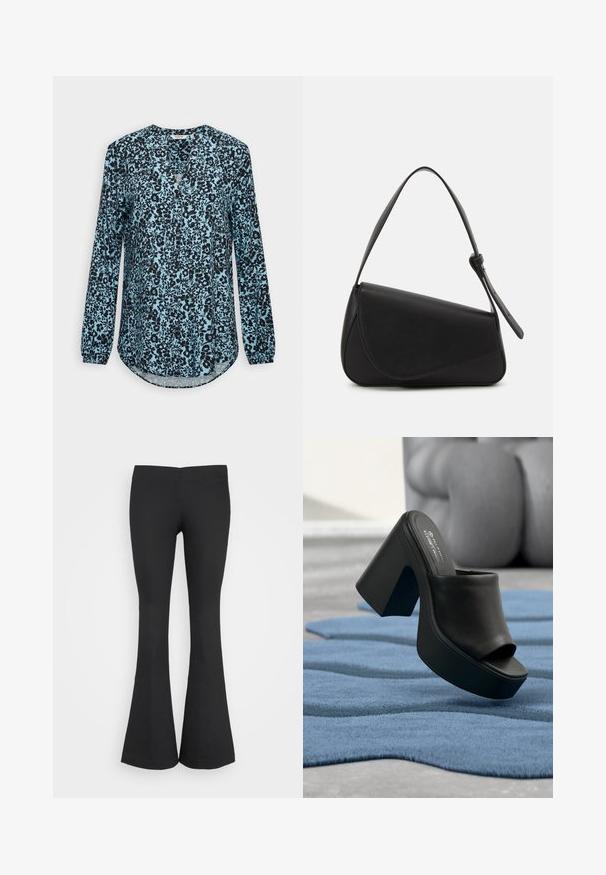 Blouse bleue à manches longues avec motif floral noir, col en V et boutons sur le devant.; Monki Pantalon classique - black; Chaussure mule à plateforme noire à talon haut et bout ouvert reposant sur un tapis texturé bleu avec un mobilier gris flou en arrière-plan.; Sac à main en cuir noir de forme triangulaire, avec un rabat incliné et une poignée supérieure arrondie. Il présente une texture lisse et des détails de design minimalistes.