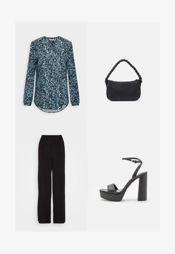 Blå bluse med lange ærmer med sort blomsterprint, V-hals og knapper foran.; ONLY ONLNOVA LIFE WIDE LEGGED - Bukser - black; Sorte platform højhælede sandaler med åben tå, bred forreste rem og justerbar ankelrem. Glat læderfinish og chunky blokhæle.; Sort håndtaske med en rund form, lavet af glat materiale. Har et flet håndtag og en lynlåslukning for sikker opbevaring.