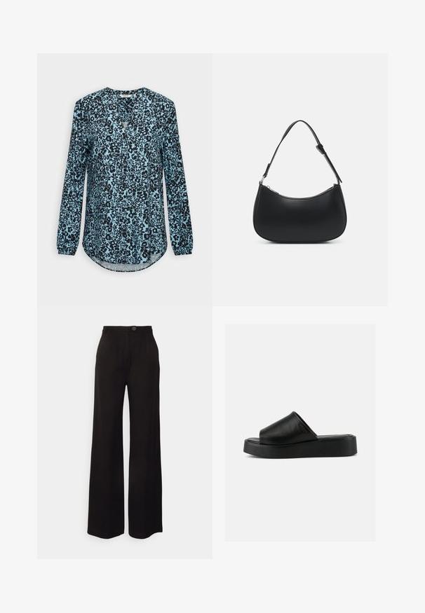 Blå bluse med lange ærmer med sort blomsterprint, V-hals og knapper foran.; Sorte vide ben bukser lavet af et glat stof, med en frontknaplukning og to frontfolder for ekstra detaljer.; Sort slip-on platform sandal med bredt læderoverdel og tyk sål, vist i sideprofil mod en ensartet grå baggrund.; Pieces PCALUANA SHOULDER BAG - Håndtasker - black