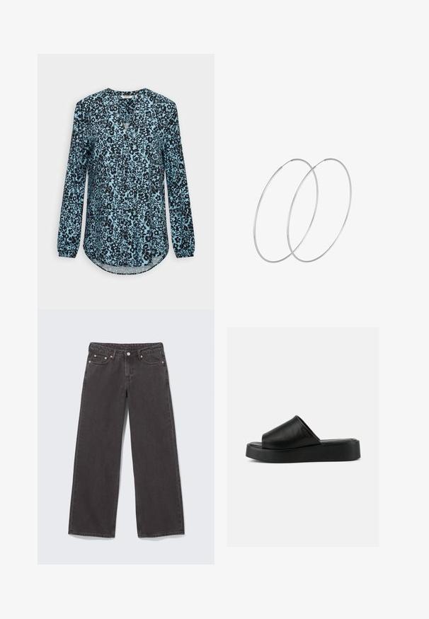 Blå bluse med lange ærmer med sort blomsterprint, V-hals og knapper foran.; Vidbenede sorte denimjeans med kobbernitter, fem lommer og knaplukning. Blød, robust tekstur med lige snit fra talje til kant.; Sort slip-on platform sandal med bredt læderoverdel og tyk sål, vist i sideprofil mod en ensartet grå baggrund.; Sølvøreringe med et minimalistisk design. Cirkulær form, glat tekstur og tynd profil. Letvægtige med en poleret overflade.