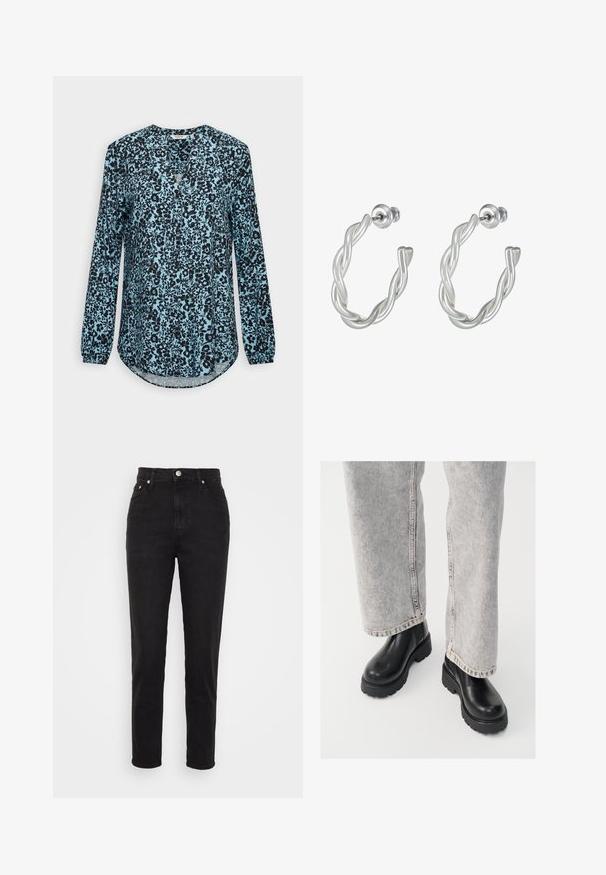 Blå bluse med lange ærmer med sort blomsterprint, V-hals og knapper foran.; Sorte højtaljede slim-fit jeans med frontknap, bæltesløjfer og fem-lomme design på hvid baggrund.; Vagabond COSMO - Plateaustøvletter - black; Snoede sølv hoop øreringe med en glat finish og post-back lukning, der viser et moderne, sammenflettet design.