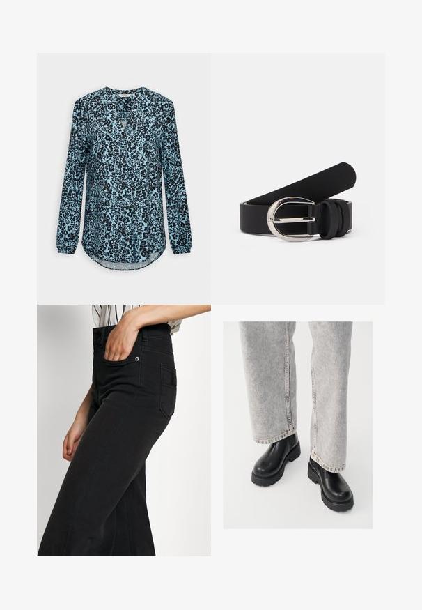 Blouse bleue à manches longues avec motif floral noir, col en V et boutons sur le devant.; Jean large en denim noir avec une taille haute, une poche avant et une poche arrière appliquée. Texture lisse avec des détails de coutures minimales.; Vagabond COSMO - Bottines à plateau - black; Ceinture en cuir noir avec une texture lisse, dotée d'une boucle en métal argenté et de simples accents en boucle. Son design est épuré et minimaliste.