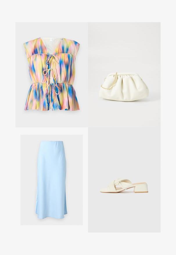 Kleurige blouse in peplumstijl met een striksluiting aan de voorkant, korte mouwen en een gradientpatroon in roze, blauw en gele tinten.; Lichtblauwe satijnen rok tot op de enkel met een hoge taille en subtiele zijsplitten op een effen achtergrond.; Roomkleurige block-heeled sandaaltjes met gedraaide bandjes en een vlakke teenbed. Glad synthetisch materiaal met een matte afwerking.; Witte leren handtas met een geassembleerd ontwerp, voorzien van een gouden kettingband en een ronde vorm. Gladde textuur met zachte plooien en geen patronen.