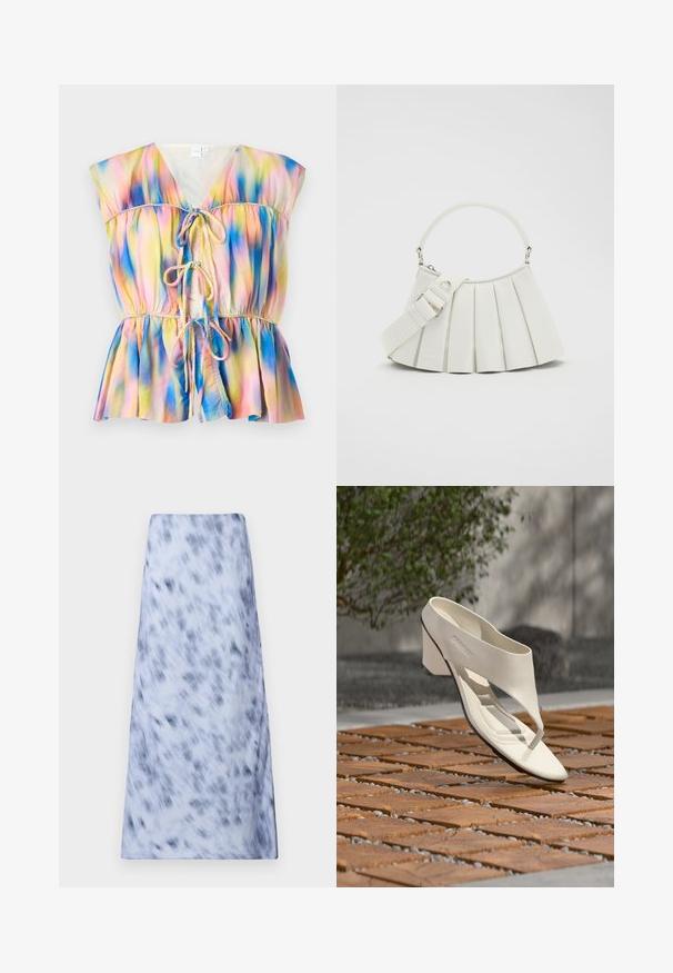 Blouse colorée de style peplum avec une fermeture à nouer sur le devant, des manches courtes et un motif dégradé dans des teintes de rose, bleu et jaune.; Une longue jupe bleu clair avec un motif flou bleu foncé. Le tissu semble doux avec une texture lisse et un design simple.; Sandale à talon en cuir blanc avec une large bride et un entre-doigts, exposée en extérieur sur une surface carrelée en bois et en gravier avec de la verdure en arrière-plan.; Lacoste LENGLEN BAG - Sac à main - cristalline