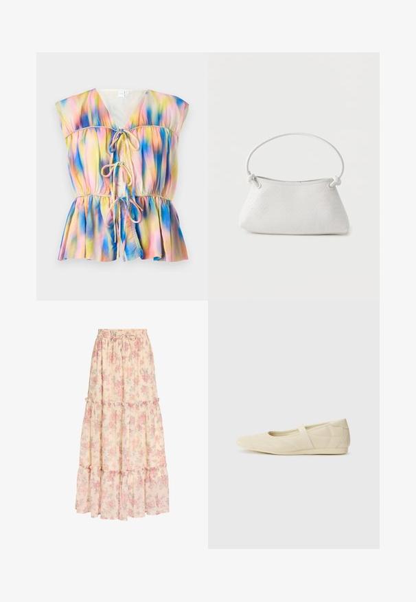Kleurige blouse in peplumstijl met een striksluiting aan de voorkant, korte mouwen en een gradientpatroon in roze, blauw en gele tinten.; Lange beige rok met roze bloemenpatroon, elastische tailleband met trekkoord en gelaagde ruches.; Beige ballerina's met een gladde leren buitenkant, amandelvormige punt en elastische band over de wreef, met subtiele stiksels.; Witte handtas van gevlochten leer met een afgeronde handgreep en uiteinden van de band die geknoopt zijn, afgebeeld tegen een effen achtergrond.