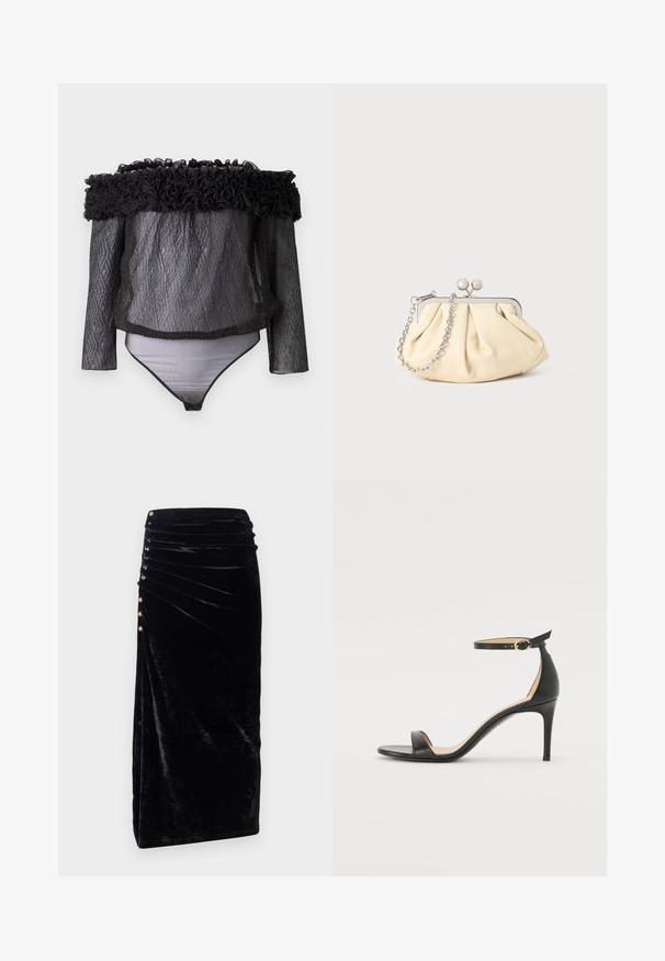 Hofmann Copenhagen EXCLUSIVE - Bluse - black; Rabanne Pencil skirt - black; Sort læder højhælede sandaler med ankelrem. Har en glat tekstur, åben tå og en tynd hæl. Guldtonet spænde detalje.; Plisseret beige læderclutch med en sølvmetalramme, der har to runde dekorative låse og en sølvkædetrasporte.