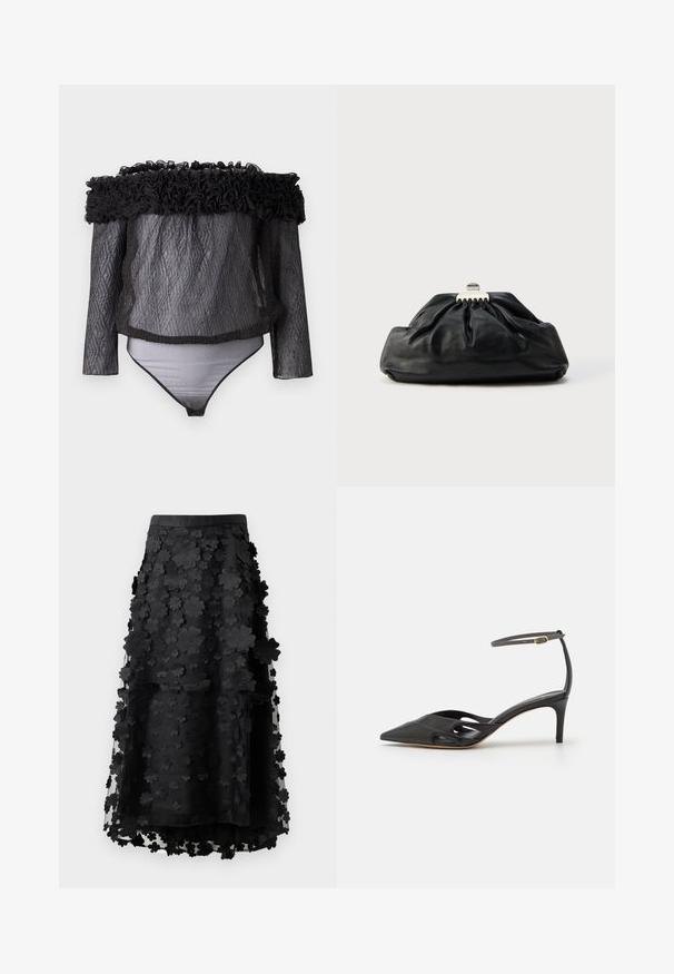 Hofmann Copenhagen EXCLUSIVE - Bluse - black; Sort midi-nederdel lavet af gennemsigtigt stof med lagdelte blomsterapplikationer. Har en glat talje og en svajende silhuet. Ingen synlige lukninger.; Sort læder højhælet sko med spids tå, åbne sider og en tynd ankelrem med en lille guld detalje.; Sort læderclutch med en samlet tekstur, metal lukning og diskret præget logo på forsiden. Rundet form.