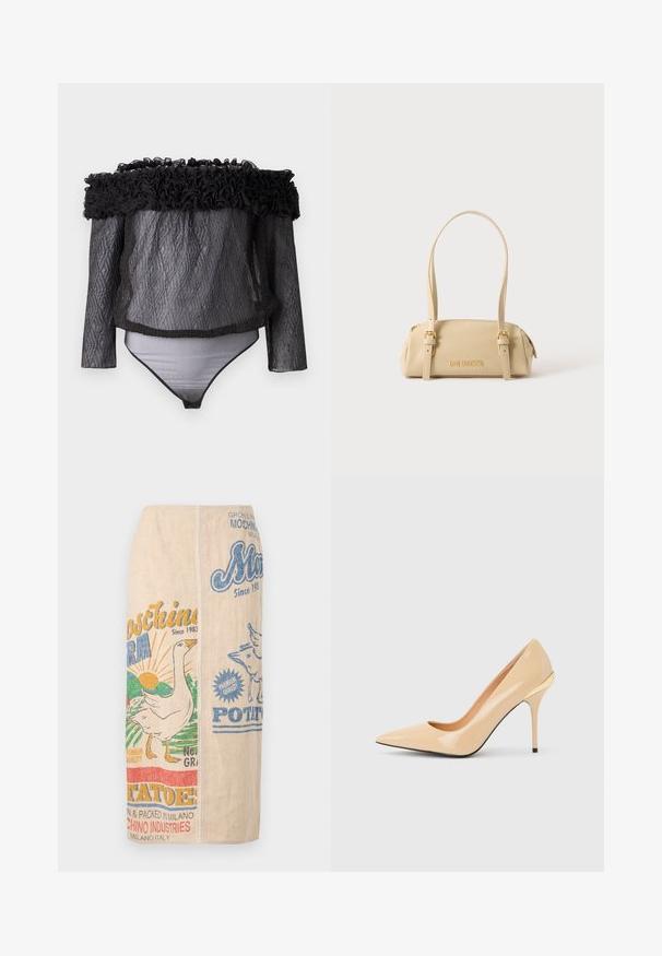 Hofmann Copenhagen EXCLUSIVE - Blouse - black; Beige midi-rok met kleurrijke vintage-stijl boerderij- en aardappelzakprint, met een gans en zon grafiek met tekstaccenten.; Beige lakleren pump met hoge hak, spitse neus en slanke stilettohak, met een klein gouden accent aan de achterkant.; Beige rechthoekige handtas met lange banden, gouden gespen en een gouden "LOVE MOSCHINO"-logo op de voorkant in het midden.