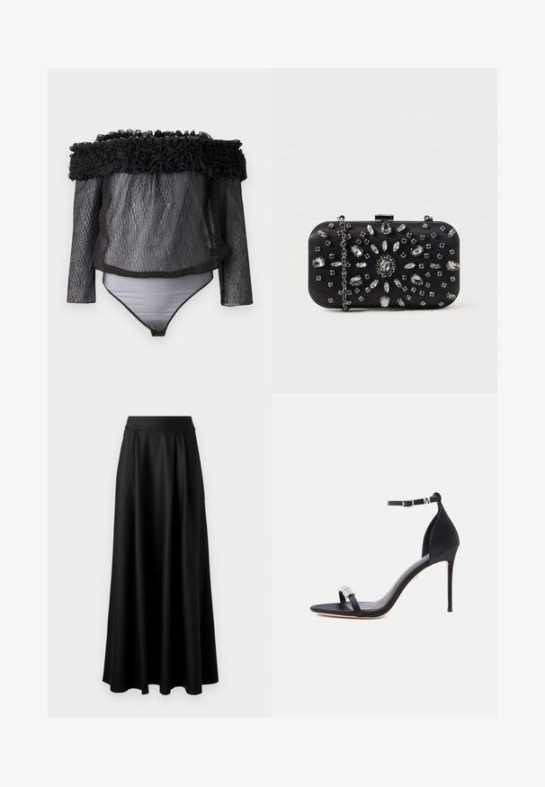 Hofmann Copenhagen EXCLUSIVE - Blouse - black; Zwarte rok tot op de vloer met een gladde textuur, brede tailleband en geplooid ontwerp, zonder zichtbare patronen of versieringen.; Zwarte satijnen sandaal met hoge hak, een slank bandje, een enkelsluiting met gesp en een decoratieve strassaccent op het voorbandje.; Zwarte clutch met een rechthoekige vorm, versierd met verschillende strass-steentjes in een bloemmotief, voorzien van een zilveren ketting voor het dragen.