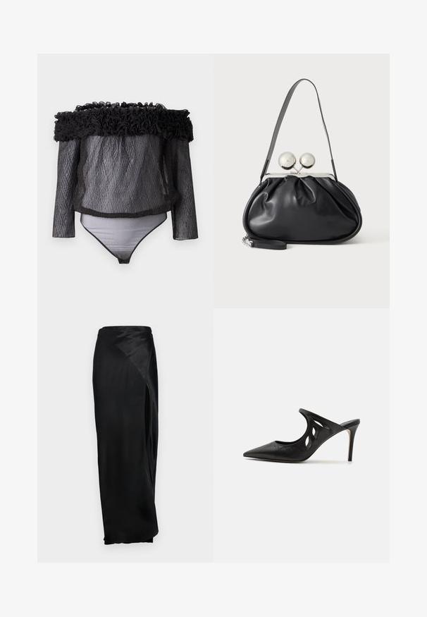 Hofmann Copenhagen EXCLUSIVE - Bluse - black; Sort satin maxiskørt med en sideslids, glat tekstur og draperet design. Har en høj talje og en flydende silhuet.; Sorte læder højhælede mules med spids tå, udskåret sideskærm og glat tekstur. Stiletthæl og subtil syning.; Sort læderhåndtaske med opsamlet design, en enkelt rem, sølv metalramme og to store runde sølv lukninger.