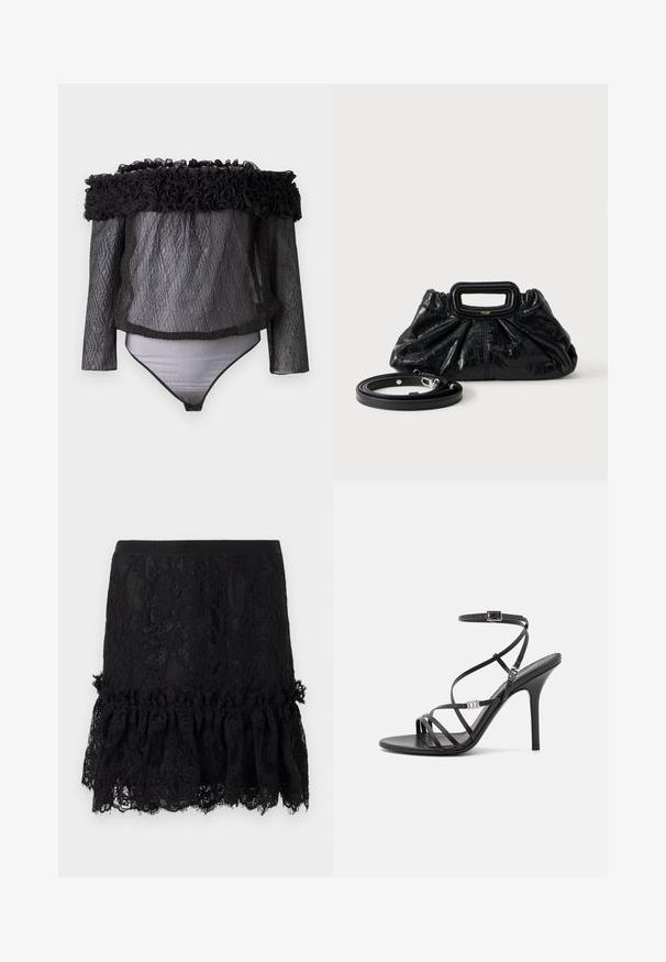 Hofmann Copenhagen EXCLUSIVE - Bluse - black; Sorte blonde nederdel med en struktureret top, der har en volang nederdel i blonde. Stoffet har blomster mønstre og en glat talje.; Sort højhælet sandal med tynde stropper, en ankelspænde, en glat læderoverflade og en slank stilethæl.; Lille sort læderhåndtaske med rynket tekstur, rektangulært håndtag og aftagelig tynd skulderrem placeret ved siden af.