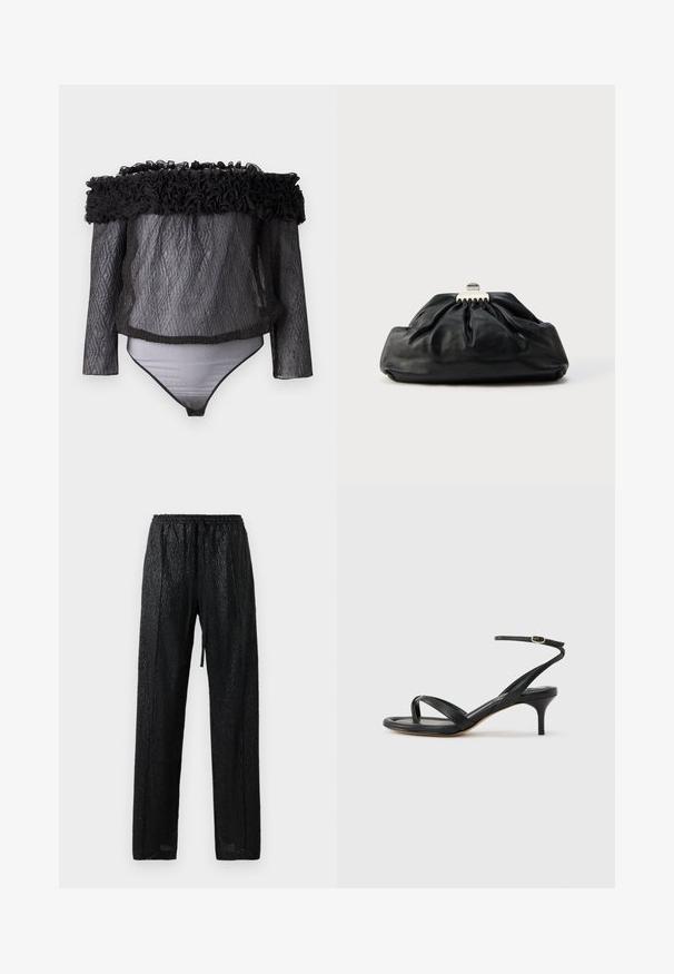 Hofmann Copenhagen EXCLUSIVE - Bluse - black; Sorte, letvægtsbukser med en tekstureret, skinnende overflade. Har en elastisk talje med snor og en løs pasform.; Sort damesandal i læder med tynde remme, en tå-loop, ankelspænde og en mellemhøj stiletthæl på en neutral baggrund.; Sort læderclutch med en samlet tekstur, metal lukning og diskret præget logo på forsiden. Rundet form.