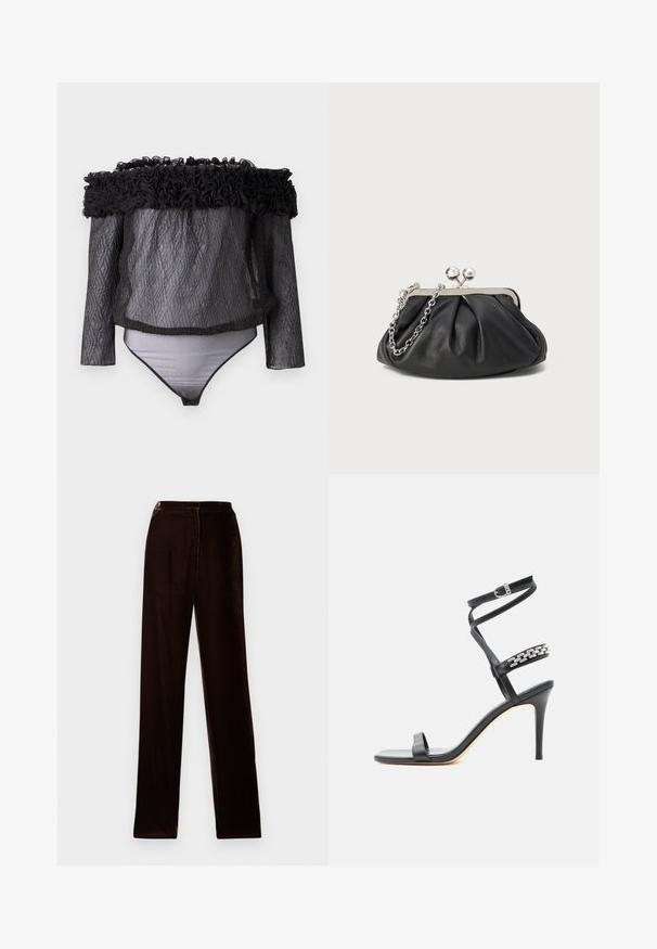 Hofmann Copenhagen EXCLUSIVE - Blouse - black; Bruine fluwelen broeken met een rechte pasvorm, voorzien van een zachte textuur en subtiele glans, ontworpen met een standaard tailleband en zijnaad.; Zwarte sandaal met hoge hak, smalle enkelband, middenvoetband versierd met zilveren schakels en een open teenontwerp.; Zwarte leren clutch met geplooide textuur, zilverkleurig metalen frame, drukknopsluiting en kettingriem. Glad, zacht oppervlak.