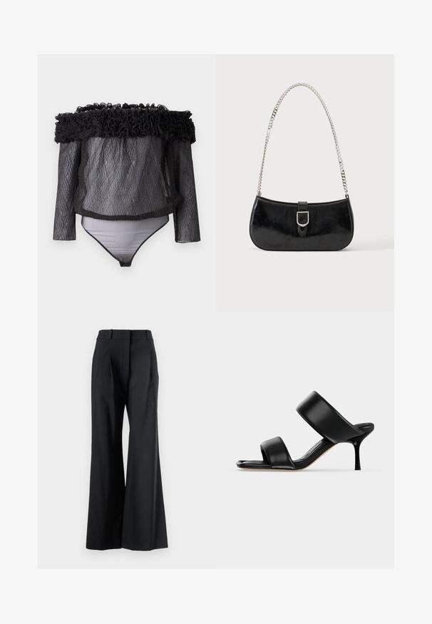Hofmann Copenhagen EXCLUSIVE - Blúzka - black; Veronica Beard OLLIE PANT - Nohavice - black; Čierna kožená mule sandála s dvoma širokými remienkami a úzkym, stredne vysokým ihličkovým podpätkom na jednoduchom svetlom pozadí.; Čierna lakovaná kožená kabelka na rameno so striebornou prackou a strieborným reťazovým remienkom, zobrazená na jednofarebnom svetlom pozadí.