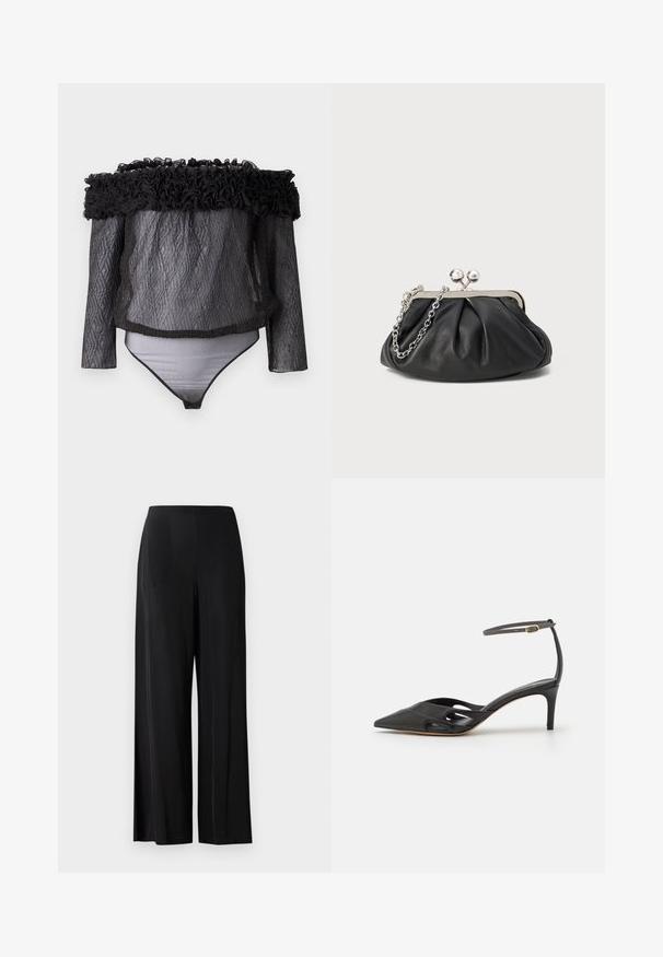 Hofmann Copenhagen EXCLUSIVE - Bluse - black; Sorte, brede bukser lavet af glat stof, med en høj talje og uden synlige lommer eller hardware. Gulvlængde design.; Sort læder højhælet sko med spids tå, åbne sider og en tynd ankelrem med en lille guld detalje.; Sort læder clutch med samlet tekstur, sølvfarvet metalramme, kys-lås lukning og kædestrop. Glat, blød overflade.