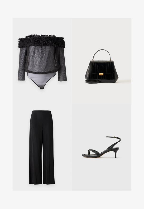 Hofmann Copenhagen EXCLUSIVE - Bluse - black; Sorte, brede bukser lavet af glat stof, med en høj talje og uden synlige lommer eller hardware. Gulvlængde design.; Sort damesandal i læder med tynde remme, en tå-loop, ankelspænde og en mellemhøj stiletthæl på en neutral baggrund.; Sort lædertaske med top-håndtag, guldlås og aftagelig skulderrem på en ensfarvet lys baggrund.
