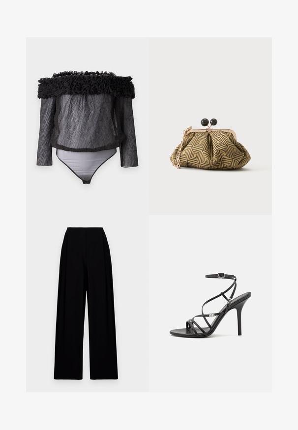 Hofmann Copenhagen EXCLUSIVE - Bluse - black; Bredbenede sorte bukser med høj talje, der har en glat tekstur og rene linjer. Ingen synlige lukninger eller mønstre.; Sort højhælet sandal med tynde stropper, en ankelspænde, en glat læderoverflade og en slank stilethæl.; Lille clutch taske med gyldent og sort geometrisk mønster, guldfarvet metalramme, sort kuglelås og en kort guldkæde som rem.