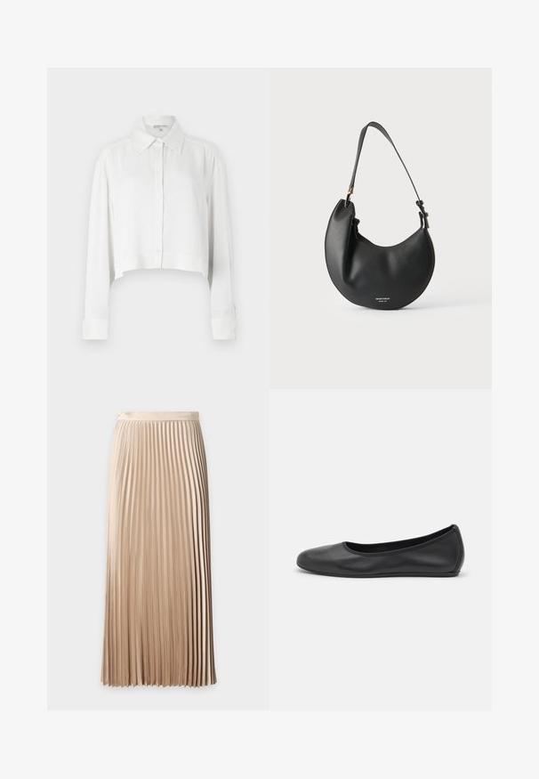 Chemise blanche raccourcie avec des manches longues, patte de boutonnage à l'avant et col classique. Tissu lisse avec des poignets structurés et un design minimaliste.; Jupe midi plissée beige taille haute avec une ceinture lisse et des plis verticaux étroits régulièrement espacés.; Ballerines en cuir noir avec un bout rond, texture lisse, détails de couture minimalistes et design de semelle flexible.; Sac à bandoulière noir en cuir en forme de croissant avec une sangle réglable et un petit texte de logo blanc à l’avant sur fond clair.