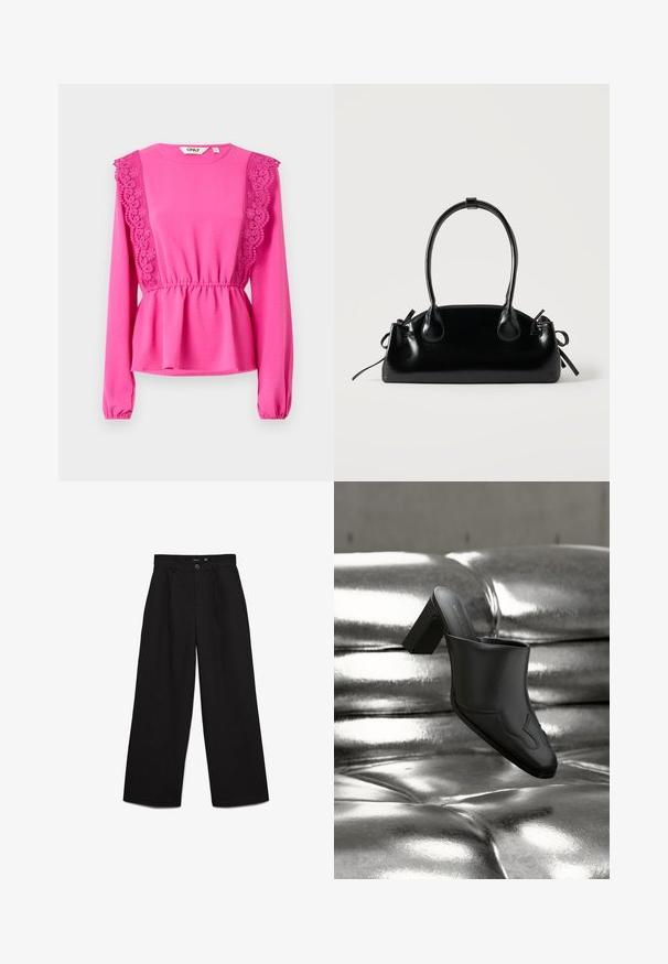 Haut fuchsia à manches longues avec des détails en dentelle sur les épaules, taille froncée et tissu texturé. Encolure ronde avec des poignets élastiques.; Pantalon noir taille haute à jambes larges avec fermeture bouton et zip, passants de ceinture et plis à l'avant.; Mule en cuir noir avec talon bloc reposant sur une surface argentée brillante capitonnée, mettant en valeur son design élégant et ses détails incurvés.; Petit sac à main noir brillant avec deux longues anses et des détails à cordon sur les côtés sur un fond clair uni.