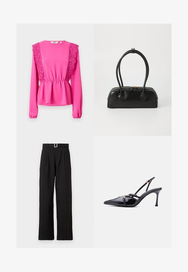 Haut fuchsia à manches longues avec des détails en dentelle sur les épaules, taille froncée et tissu texturé. Encolure ronde avec des poignets élastiques.; Pantalons larges taille haute noirs avec passants de ceinture et une boucle rectangulaire en argent sur fond blanc.; Escarpin slingback à bout pointu en cuir verni noir avec fines brides et petites boucles dorées sur fond blanc.; Sac à main en cuir noir avec deux anses allongées, fermeture éclair et forme arrondie ; texture lisse avec une finition légèrement brillante.