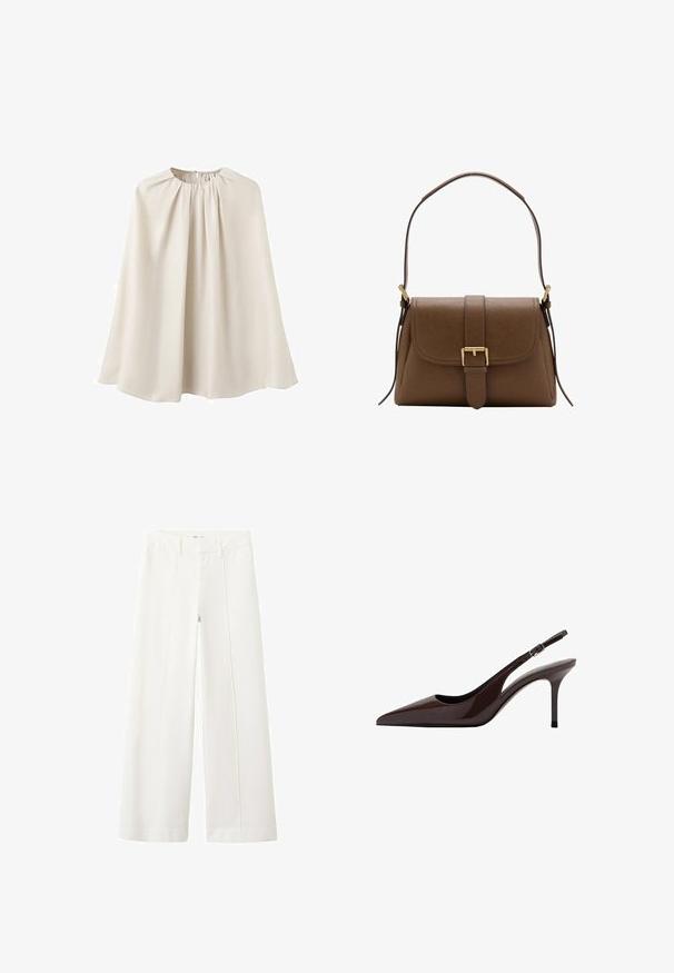 Cape beige en tissu lisse, dotée d'un col haut avec des détails froncés et d'un design fluide et drapé. Aucune fermeture ni motif visible.; Pantalon blanc à jambes larges avec pli avant, passants de ceinture et poches latérales, présenté sur un fond blanc.; Talons slingbacks en cuir verni marron avec un bout pointu, un talon fin et une bride réglable. Texture lisse et finition brillante.; Sac à bandoulière en cuir marron avec rabat avant et boucle dorée, disposant d'une bandoulière réglable avec ferrures dorées sur fond blanc.