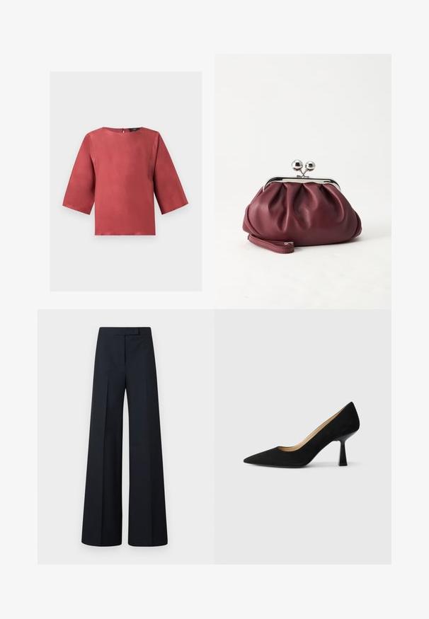 Blouse en satin couleur rouille avec manches trois-quarts et encolure ronde, présentée sur un fond blanc uni.; Pantalon large noir taille haute avec plis, fermeture avant dissimulée et taille cintrée.; Pompe à talons hauts en suède noir avec un bout pointu, dotée d'un talon bloc noir brillant et d'une doublure intérieure lisse.; Petit sac pochette en cuir bordeaux avec fermoir métallique argenté et bracelet sur fond blanc.