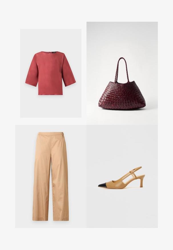Blouse en satin couleur rouille avec manches trois-quarts et encolure ronde, présentée sur un fond blanc uni.; Pantalon beige à jambes larges avec une taille haute, un devant plat et un ourlet droit, présenté sur un fond gris clair uni.; Escarpins slingback couleur fauve avec embout pointu noir, côtés découpés et talon bloc de hauteur moyenne. Matière en cuir lisse.; DRAGON DIFFUSION SANTA CROCE BIG - Sac à main - bordo