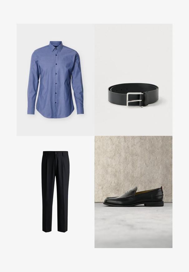 Chemise bleue à manches longues avec un col pointu et des boutons noirs sur le devant, présentée sur un fond blanc.; Pantalons noirs en tissu lisse, avec une coupe droite, des plis à l'avant et une fermeture à bouton avec passants de ceinture.; Mocassin pour homme en cuir noir avec un dessus embossé effet croco et un petit talon, présenté de profil sur un fond neutre.; Ceinture en cuir noir à finition lisse, avec une boucle rectangulaire en métal argenté et plusieurs trous de réglage.