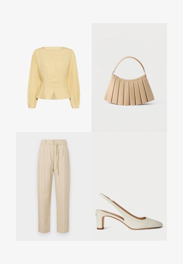 Blouse jaune clair à manches longues avec encolure ronde, boutons sur le devant, taille cintrée et ourlet légèrement évasé avec une fente à l'avant.; Pantalon beige à rayures avec une coupe décontractée, présentant une taille cintrée, une fermeture à bouton et une ceinture à nouer, fabriqué à partir d'un tissu léger.; Talons de slingback en cuir blanc avec un bout arrondi, un talon carré et un design minimaliste avec des détails de surpiqûres subtils.; Sac à main plissé beige avec fermeture éclair incurvée en haut et poignée arquée simple, présenté sur un fond blanc.