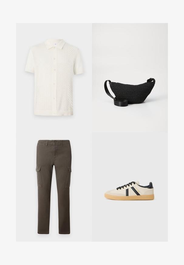 Kortærmet, kremfarvet strikket polo shirt med et tekstureret, mønstrede design, knaplukning og en klassisk krave.; Jack & Jones Cargo Tapered Fit - Cargobukser - beluga; Casual sneakers i creme med sorte striber, med en tekstureret overdel og sål i gummigummi. Snørebåndene er sorte. Diskret logo på siden.; Sort vævet stof taske med en buet form, der har en glat sort rem og en struktureret overflade. Velegnet til crossbody eller hoftebæring.
