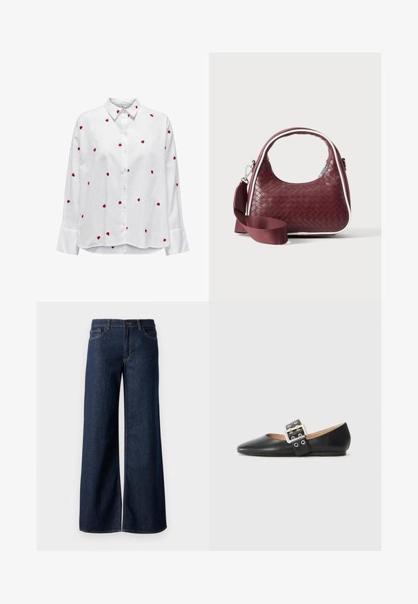Hvid skjorte med lange ærmer og klassisk krave, med røde hjertebroderier spredt over stoffet. Knappelukning foran og manchetter.; Bredde ben jeans i mørkeblå denim. Har kontrastsyninger, fem lommer og en knaplukning i taljen. Glat tekstur.; Sort læder flad sko med spidst tåparti og en dekorativ spænde-rem med sølvfarvet hardware og små udskæringer.; Mørkerød vævet lædertaske med buet hank, hvid kant, sølv lynlås og aftagelig bred stofskulderrem mod en ensfarvet baggrund.