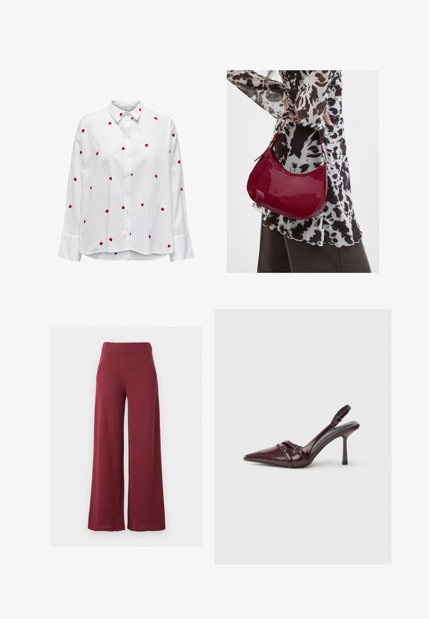 Chemise blanche à manches longues et col classique, ornée de broderies en forme de cœur rouge dispersées sur le tissu. Fermeture à boutons sur le devant et manches à poignet.; Pantalon femme taille haute à jambes larges en rouge foncé avec poches latérales, présenté sur un fond gris clair uni.; Escarpin slingback en cuir verni bordeaux avec bout pointu, fine bride à la cheville et petit détail décoratif de boucle. Texture lisse et talon haut.; Femme portant un chemisier à motif noir et blanc tenant un sac à main rouge brillant sur un fond uni.