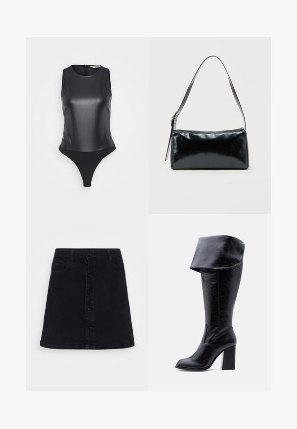 Bodysuit sans manches noir en matériau brillant, avec un col haut, un dos plein et un design de bas en string pour une silhouette élégante.; Jupe en denim noir avec une coupe droite, dotée d'une fermeture à boutons sur le devant, de deux poches latérales et d'une texture lisse.; Botte haute en cuir noir avec talon, bord plié et bout arrondi, debout sur un fond blanc.; Sac d'épaule rectangulaire noir avec une sangle réglable unique et une fermeture éclair supérieure sur un fond uni.