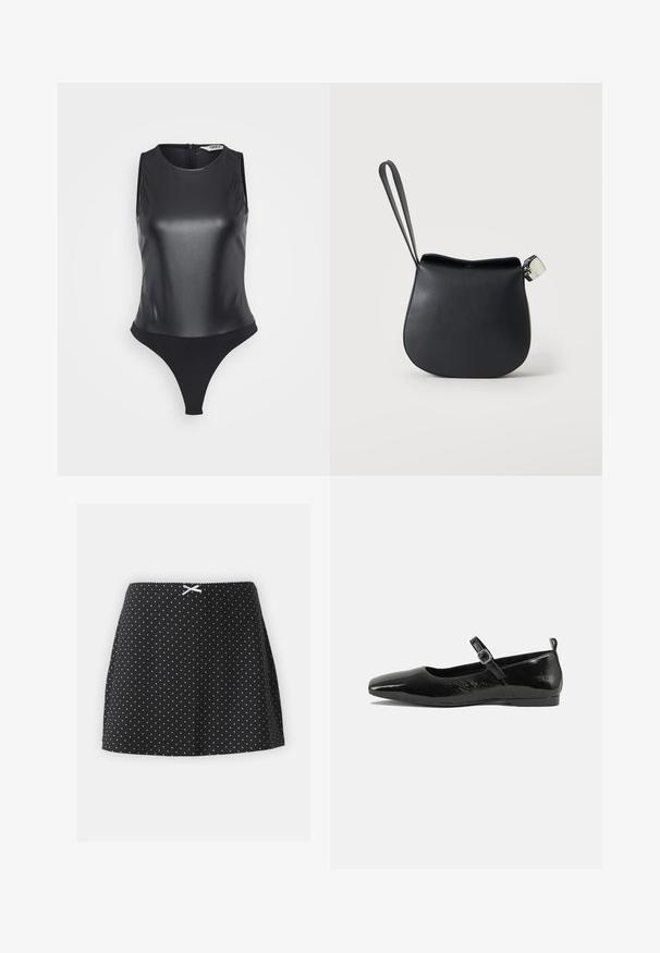 Bodysuit sans manches noir en matériau brillant, avec un col haut, un dos plein et un design de bas en string pour une silhouette élégante.; Jupe noire à pois blancs, avec une taille froncée et un petit ruban décoratif sur le devant. Design court et évasé.; Chaussure plate en cuir verni noir avec un bout pointu, une sangle de cheville avec boucles, et une texture lisse et brillante. Talon bas pour le confort.; Pochette en cuir noir pour poignet avec base arrondie et fermoir argenté sur fond blanc uni.