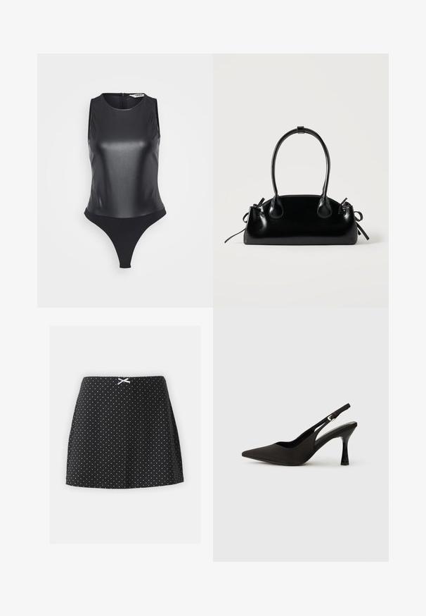 Bodysuit sin mangas negro hecho de material brillante, con cuello alto, espalda completa y diseño de tanga para una silueta estilizada.; Falda negra con lunares blancos, que presenta una cinturilla fruncida y una pequeña cinta decorativa en la parte frontal. Diseño corto y acampanado.; Zapatos de tacón negro tipo slingback con puntera afilada, acabado mate suave y un tacón delgado y brillante. Correa ajustable con detalle de hebilla pequeña.; Pequeño bolso negro brillante con dos asas largas y detalles de cordón lateral sobre un fondo claro liso.
