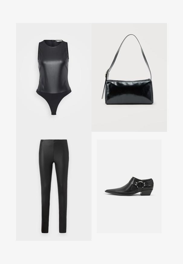 Bodysuit sin mangas negro hecho de material brillante, con cuello alto, espalda completa y diseño de tanga para una silueta estilizada.; Pantalones de imitación cuero negro elásticos que presentan un ajuste ceñido, con bolsillos laterales y una textura suave, diseñados para una silueta estilizada.; Botas de cuero negras hasta el tobillo con puntera puntiaguda, que presentan una correa de cuero en la parte delantera y un detalle de hebilla plateada, además de un tacón bajo y cuadrado.; Bolso de hombro rectangular negro con una correa ajustable y un cierre de cremallera superior sobre un fondo liso.