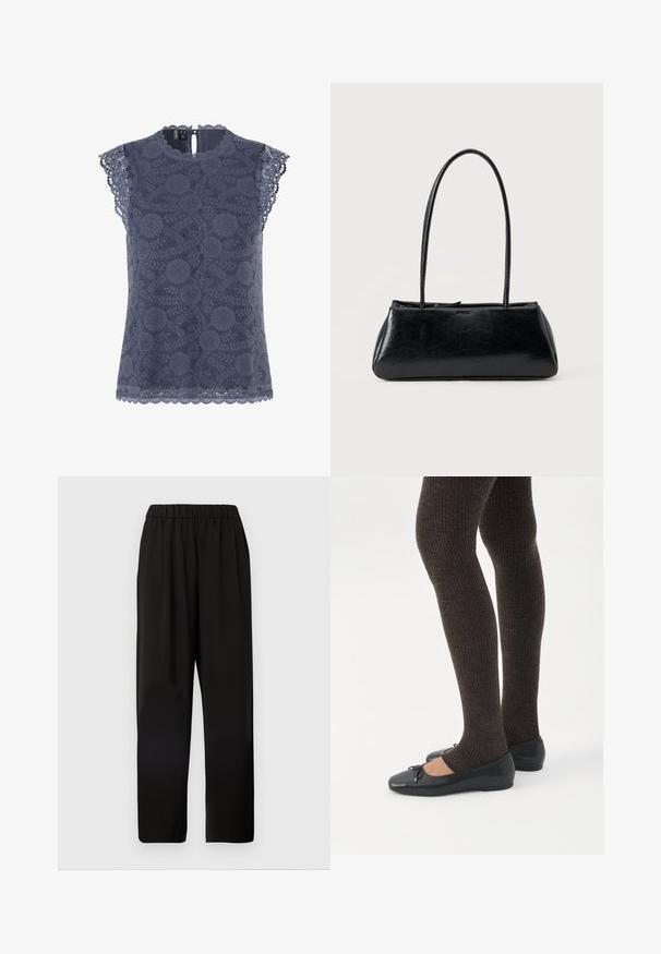 Blouse sans manches en dentelle bleu marine avec motifs floraux, bords festonnés aux manches et à l'ourlet, et une petite fermeture à bouton dans le dos.; Pantalons larges noirs avec une taille élastique, fabriqués en tissu doux, présentant une coupe décontractée et une forme droite.; Jambes portant des leggings côtelés foncés associés à des ballerines noires avec de petits détails en nœud sur fond blanc.; Sac à épaule rectangulaire noir avec de longues bretelles fines et une texture lisse et brillante sur un fond uni.