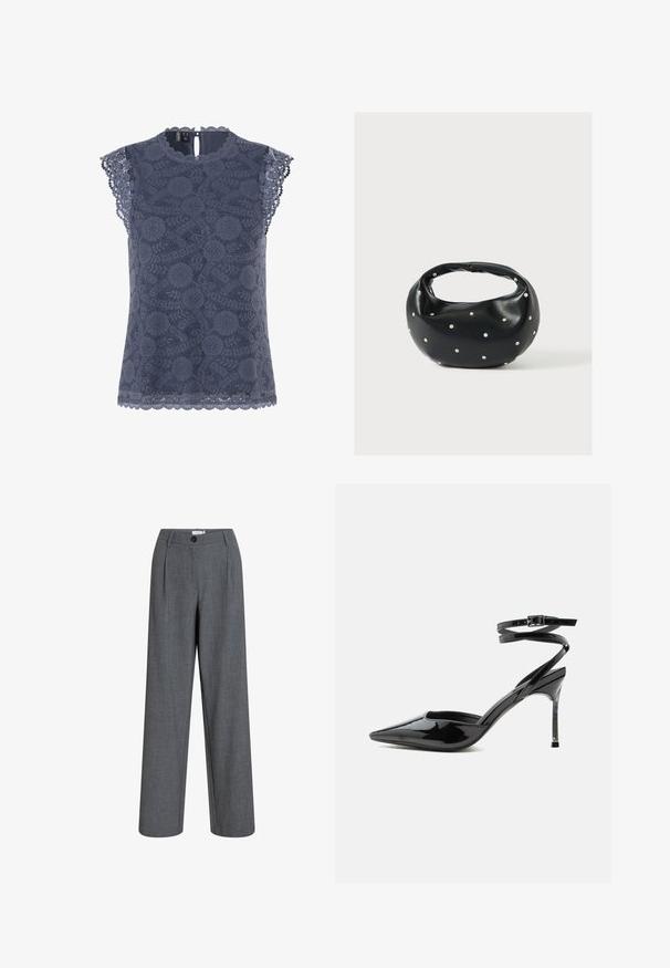 Blouse sans manches en dentelle bleu marine avec motifs floraux, bords festonnés aux manches et à l'ourlet, et une petite fermeture à bouton dans le dos.; Pantalon gris taille haute cintré avec plis devant, passants pour ceinture, fermeture à boutons et jambes droites larges.; Escarpin à talon aiguille en cuir verni noir, bout pointu, fines lanières à la cheville et petite boucle.; Sac à main en cuir noir de forme arrondie, décoré de clous argentés et équipé d'une poignée courte. Texture lisse et fermeture éclair.