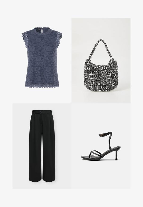 Blouse sans manches en dentelle bleu marine avec motifs floraux, bords festonnés aux manches et à l'ourlet, et une petite fermeture à bouton dans le dos.; Pantalon noir taille haute à jambes larges avec un bouton sur le devant et une fermeture éclair dissimulée sur un fond clair uni.; Sandales à talons hauts noires avec un design à fines lanières, texture lisse, boucle à la cheville et bout pointu. Détail de bride de cheville ajustable.; Sac en osier noir et blanc de forme arrondie, avec une surface texturée et une poignée tressée. Convient à un usage décontracté.